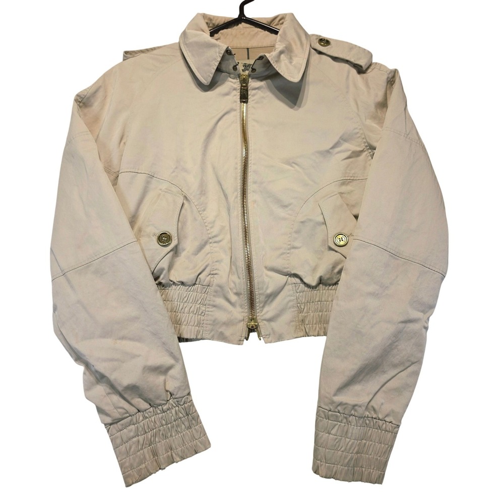 Burberry London Cropped Bomber Jacket Nova Check Lining Beige Tan USA 10 UK 12